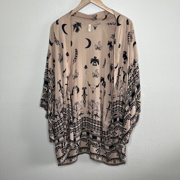 Spell & The Gypsy Beige & Black Thunderbird Totem Patterned Kimono Cardigan - Picture 2 of 12